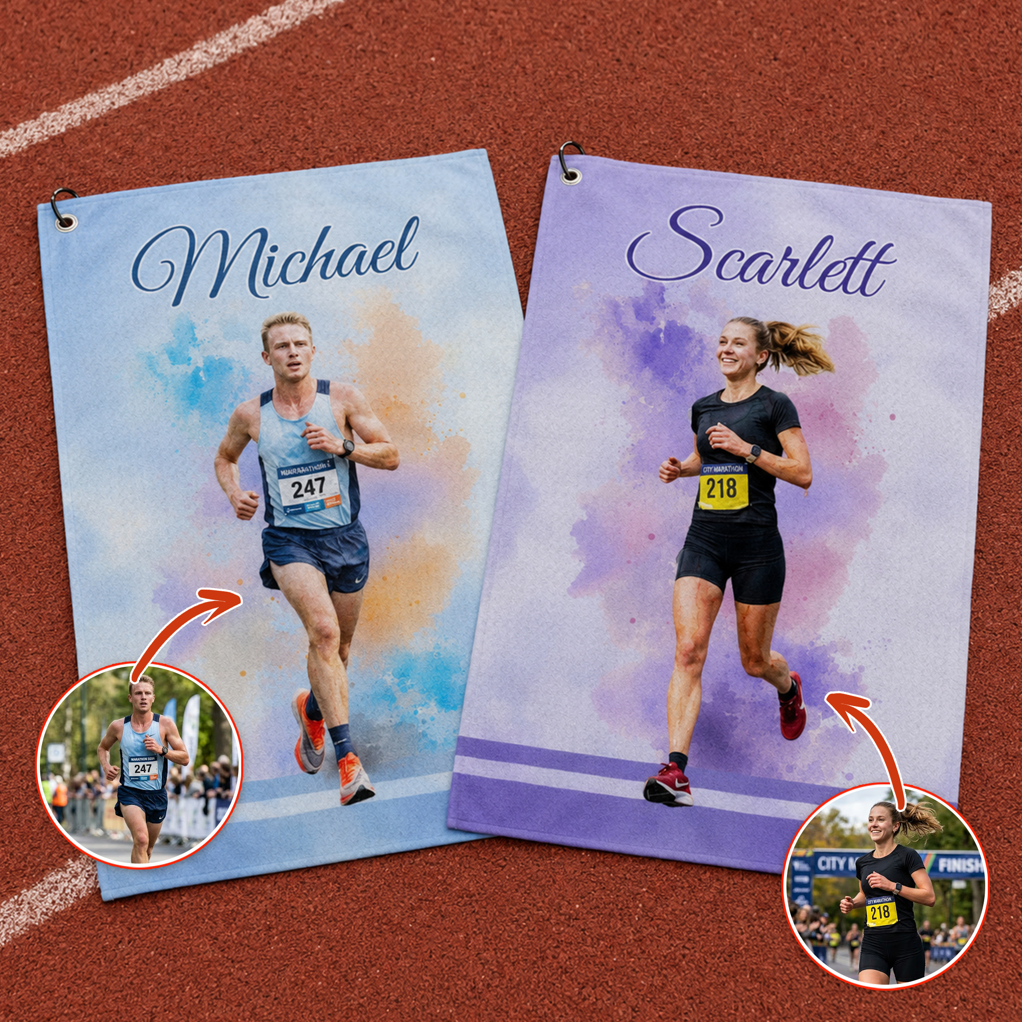 Personalisiertes, schnell trocknendes Sporthandtuch im Aquarell-Marathon-Design mit Foto, Namen und Umhängeband – Geburtstagsgeschenk für Marathonläufer am Tag des Marathons