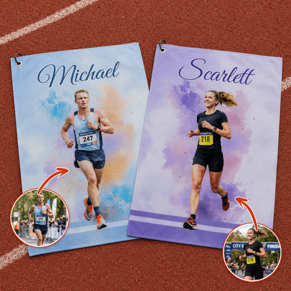 Personalized Watercolour Marathon Themed Quick Dry Sports Towel with Photo Name and Lanyard Marathon Race Day Birthday Gift for Marathon Runners