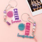 Personalized Glitter Bow Ribbon Cheering Horns Charm Keychain with Name and Tassel Sports Team Birthday Gift for Cheerleader