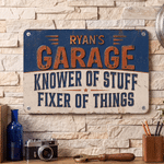 Personalised Garage Knower of Stuff Fixer of Things Vintage Metal Sign with Name Garage Wall Decor Workshop Housewarming Gift for Car Enthusiasts