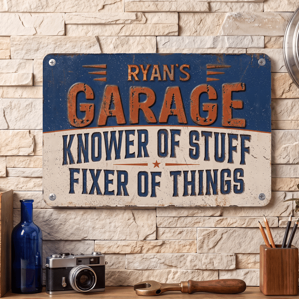 Personalized Garage Knower of Stuff Fixer of Things Vintage Metal Sign with Name Garage Wall Decor Workshop Housewarming Gift for Car Enthusiasts