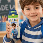 Personalised Cute Photo Cartoon Character 12 oz Insulated Water Bottle with Name and Straw Back to School Gift for Boys Girls