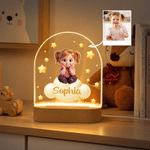 Spersonalizowana lampka nocna LED w stylu 3D z postacią z kreskówki „Chmura i gwiazda”, z drewnianą podstawą i imieniem – idealna do pokoju dziecięcego, prezent urodzinowy dla dziewczynek i chłopców