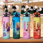 Personlig vattenflaska (34 oz) med BPA-fri, tecknad cheerleader-figur, med foto och namn samt viklock – en perfekt present till cheerleaders inför en matchdag utomhus