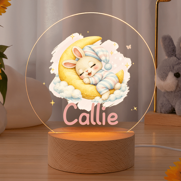 Personalized Cute Cartoon Animal Acrylic LED Night Light with Name and Wooden Base Bedside Decor Birthday Gift for Kids New Parents