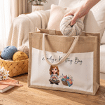 Personalized Knitting Cartoon Character Large Reusable Jute Bag with Photo and Text Daily Use Birthday Sewing Gift for Knitting Lover Woman