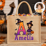 Personalised Halloween Theme Kid Photo Large Jute Tote Bag with Name and Initial Trick or Treat Halloween Party Gift for Boys Girls