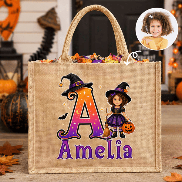 Personalised Halloween Theme Kid Photo Large Jute Tote Bag with Name and Initial Trick or Treat Halloween Party Gift for Boys Girls