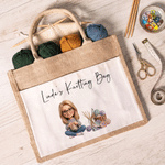 Personalized Knitting Cartoon Character Large Reusable Jute Bag with Photo and Text Daily Use Birthday Sewing Gift for Knitting Lover Woman