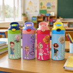Personalized Cartoon Kid Character Birthday Flower 12 oz Insulated Water Bottle with Silicone Straw and Name Back to School Birthday Gift for Kids