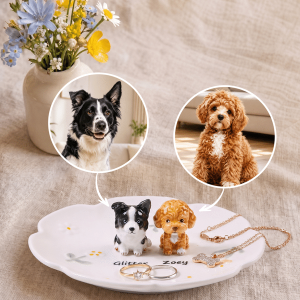 Personalised Handmade Daisy 3D Pet Photo Ceramic Ring Dish Jewellery Tray with Name Birthday Anniversary Gift for Pet Owners Lovers