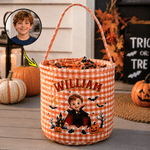 Personalised Cartoon Characters Pumpkin Castle Bat Crescent Moon Halloween Sweets Bucket with Photo and Name Halloween Gift for Boys Girls
