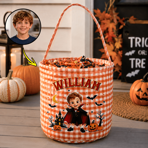 Personalised Cartoon Characters Pumpkin Castle Bat Crescent Moon Halloween Sweets Bucket with Photo and Name Halloween Gift for Boys Girls