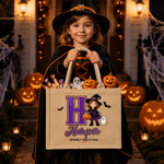Personalised Wizard Witch Cartoon Character Photo Durable Jute Tote Bag with Name Trick or Treat Halloween Party Gift for Boys Girls