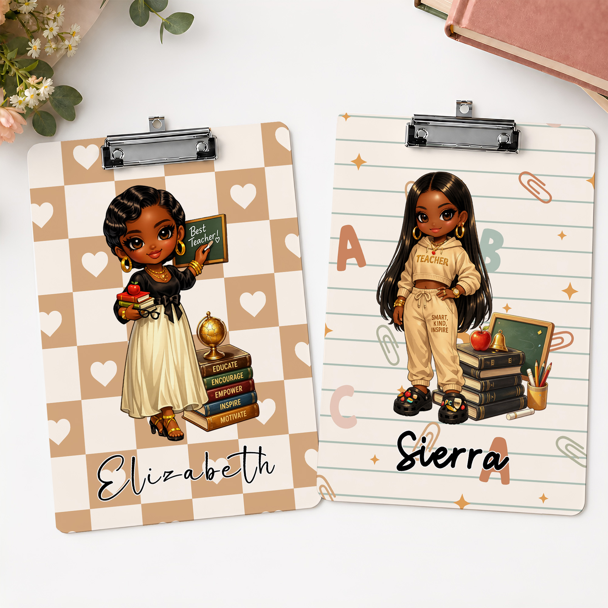 Personalisiertes schwarzes Acryl-Klemmbrett mit Cartoon-Motiv für Lehrer, mit Namen – Schulbedarf, Geschenk zur „Teacher Appreciation Week“ und zum Lehrertag