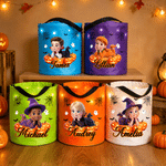 Personalised Halloween Cartoon Character Pumpkin LED Light Bucket Bag with Name and Photo Trick or Treat Halloween Party Gift for Children Boys Girls