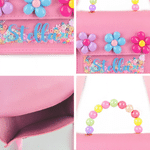 Personalised Cute 3D Flower Beaded Handle PU Leather Handbag with Name Glitter Quicksand Accessory Birthday Back to School Gift for Girls Toddlers