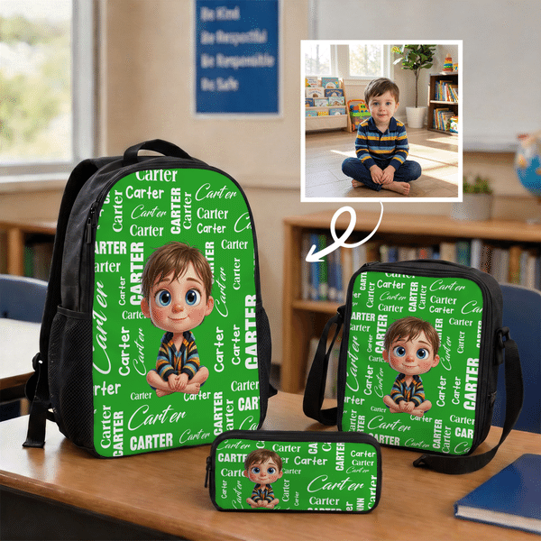 Personalized Cartoon Word Cloud Character Backpack Lunch Box Pencil Case Set with Name Back to School Birthday Gift for Kids Boys Girls