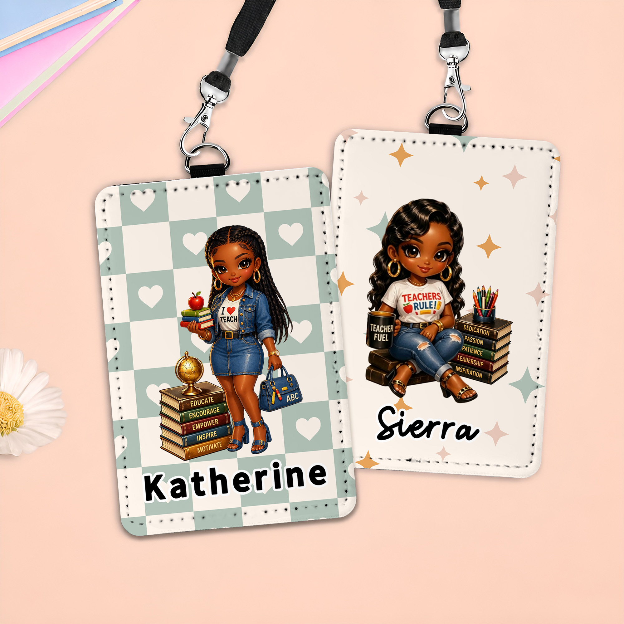 Personalisierter Ausweishalter mit Cartoon-Motiv einer schwarzen Lehrerin und Namensfeld – Geschenk zum Schulanfang als Zeichen der Wertschätzung für Lehrerinnen
