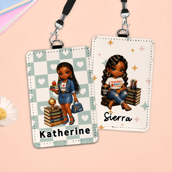 Personalized Black Female Teacher Subject ID Badge Holder with  Name Cartoon Teacher Card Case Back To School Teacher Appreciation Gift for Teachers