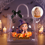 Personalized Halloween Photo Cartoon Character Transparent Gift Bag with Ribbon and Name Halloween Gift for Kids