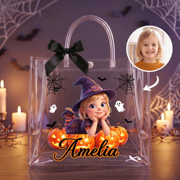 Personalized Halloween Photo Cartoon Character Transparent Gift Bag with Ribbon and Name Halloween Gift for Kids