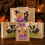 Personalised Halloween Theme Kid Photo Large Jute Tote Bag with Name and Initial Trick or Treat Halloween Party Gift for Boys Girls
