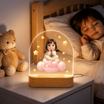 Spersonalizowana lampka nocna LED w stylu 3D z postacią z kreskówki „Chmura i gwiazda”, z drewnianą podstawą i imieniem – idealna do pokoju dziecięcego, prezent urodzinowy dla dziewczynek i chłopców