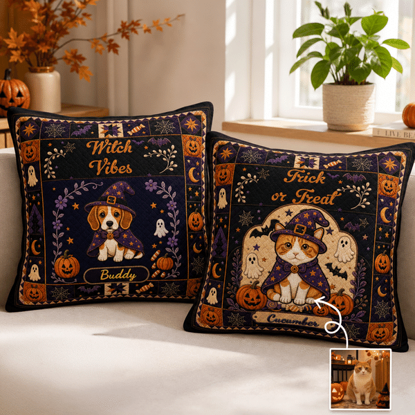 Personalised Retro Halloween Witch Hat Pet Photo Cushion Cover with Name and Text Cute Festival Home Decor Halloween Party Gift for Pet Lover