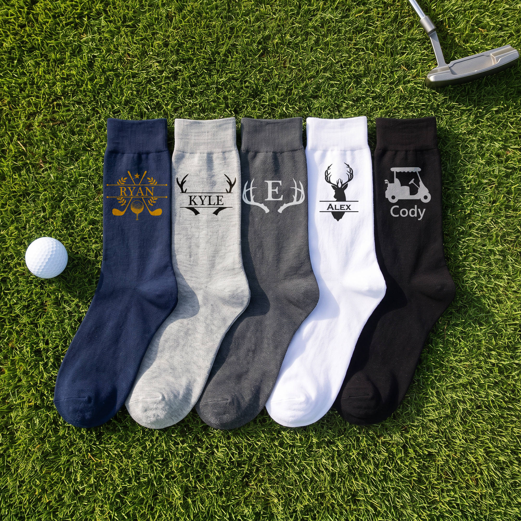 Individuell gestaltete, mehrfarbige Golf-Socken aus 100 % Baumwolle mit Namen und Initialen – das perfekte Geschenk für Golfliebhaber und Golfer am Spieltag