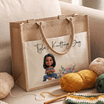 Personalized Knitting Cartoon Character Large Reusable Jute Bag with Photo and Text Daily Use Birthday Sewing Gift for Knitting Lover Woman