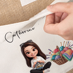 Personalized Knitting Cartoon Character Large Reusable Jute Bag with Photo and Text Daily Use Birthday Sewing Gift for Knitting Lover Woman