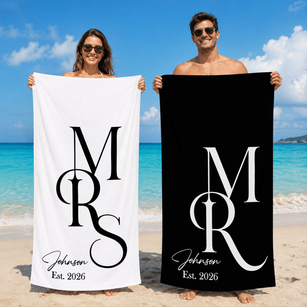 Personalised Minimalist Mr. and Mrs. Quick Dry Beach Towel with Surname and Year Summer Vacation Honeymoon Anniversary Gift for Couple