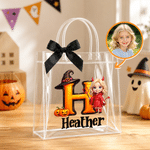 Personalised Cute Halloween Theme Cartoon Photo Character Transparent Tote Bag with Name Initial and Black Bow Halloween Party Gift for Kids