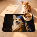 Individuell gestaltete, mehrfarbige PU-Leder-Futtermatte im klassischen Ölgemälde-Stil mit Haustierfoto und Namen – Wohnaccessoire und Geburtstagsgeschenk für Haustierbesitzer und -liebhaber
