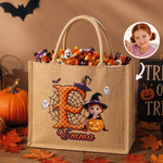 Personalised Halloween Witch Pumpkin Cartoon Kid Photo Large Capacity Jute Bag with Name Halloween Party Trick or Treat Activity Gift for Kids
