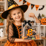 Personalised Cute Halloween Theme Cartoon Photo Character Transparent Tote Bag with Name Initial and Black Bow Halloween Party Gift for Kids