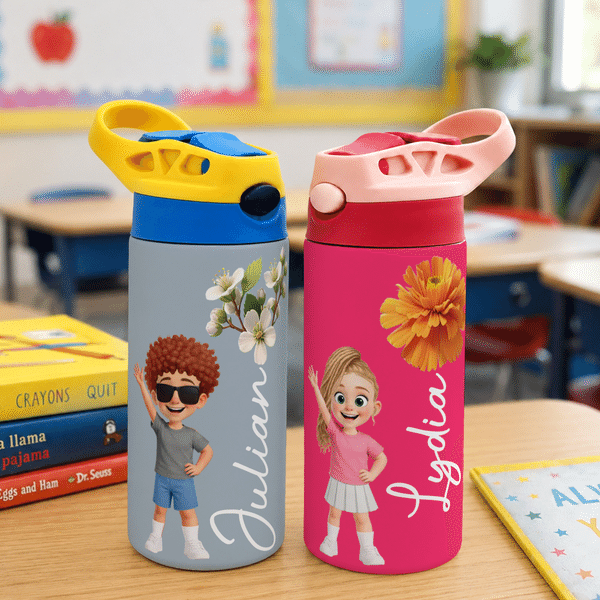 Personalized Cartoon Kid Character Birthday Flower 12 oz Insulated Water Bottle with Silicone Straw and Name Back to School Birthday Gift for Kids