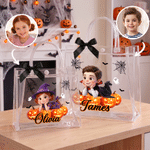 Personalized Halloween Photo Cartoon Character Transparent Gift Bag with Ribbon and Name Halloween Gift for Kids