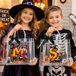 Personalised Cute Halloween Theme Cartoon Photo Character Transparent Tote Bag with Name Initial and Black Bow Halloween Party Gift for Kids