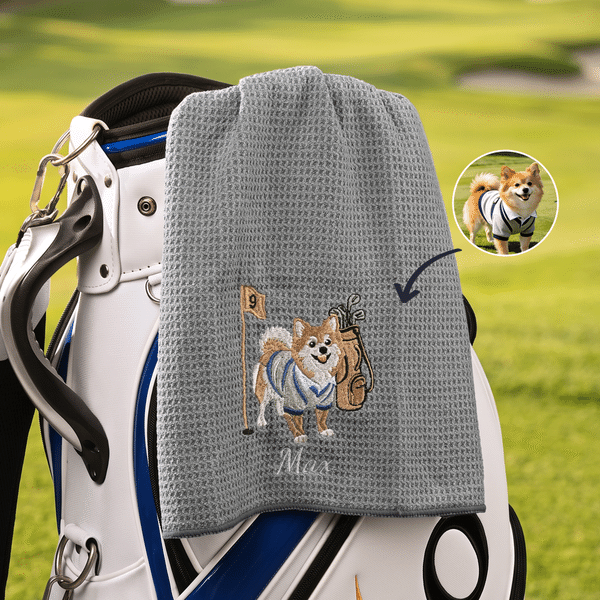 Personalized Quick Drying Multicolor Embroidered Portrait Waffle Microfiber Golf Towel with Name and Hook Birthday Gift for Golfer Pet Lovers