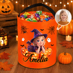 Personalised Halloween Cartoon Character Pumpkin LED Light Bucket Bag with Name and Photo Trick or Treat Halloween Party Gift for Children Boys Girls
