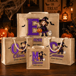 Personalised Wizard Witch Cartoon Character Photo Durable Jute Tote Bag with Name Trick or Treat Halloween Party Gift for Boys Girls