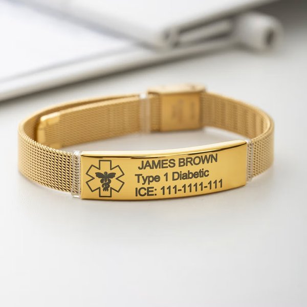 Gepersonaliseerde Verstelbaar Medisch Noodalarm Mesh ID Bandje Armband met Gegraveerde Tekst Verjaardagscadeau voor Diabetes Allergie Epilepsie