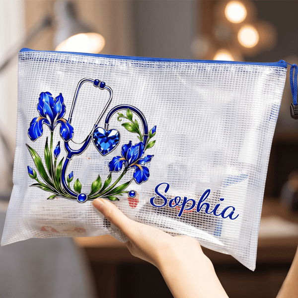 Personalised Stethoscope Birth Flower Birthstone Waterproof Transparent Mesh Pool Bag with Name Beach Party Daily Use Birthday Gift for Medical Staff