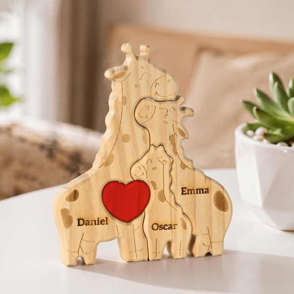 Personalised Wooden Giraffe Family Red Heart Puzzle with 2-5 Names Home Decor Birthday Baby Shower Gift for Family Members