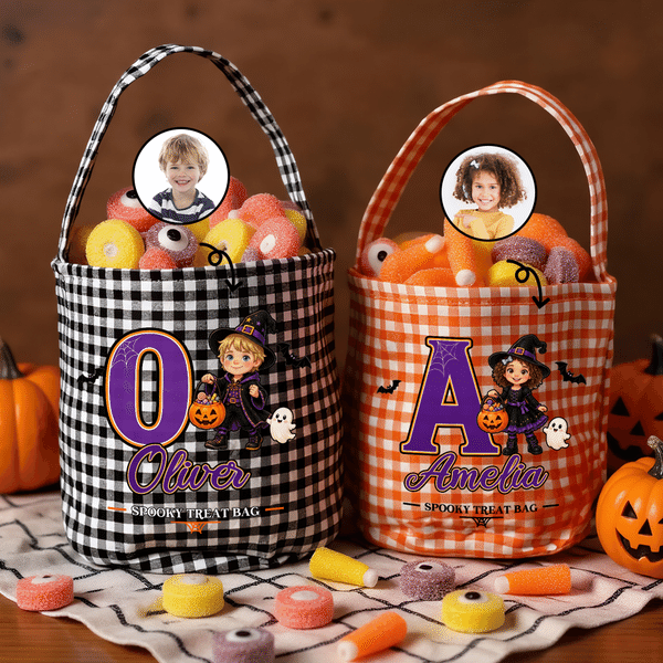 Personalised Cute Halloween Theme Cartoon Photo Character Bucket Bag with Name and Initial Halloween Party Gift for Kids