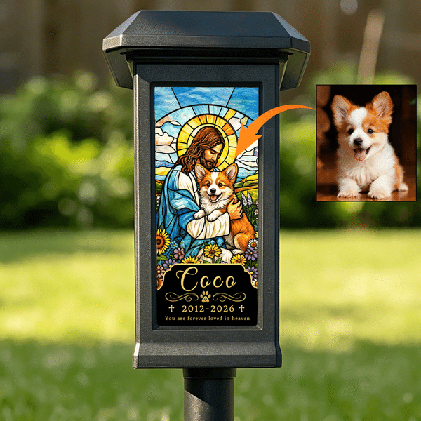 Personalized Jesus Pet Photo Solar Garden Light with Name Text and Date Garden Decor Memorial Sympathy Gift for Pet Owner Christian