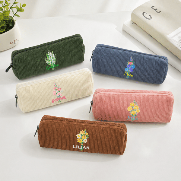 Personalised Multicolour Birth Flower Corduroy Pencil Case Pen Bag with Name Teacher's Day Birthday Back to School Gift for Colleague Teacher Student