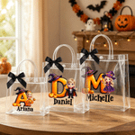 Personalised Cute Halloween Theme Cartoon Photo Character Transparent Tote Bag with Name Initial and Black Bow Halloween Party Gift for Kids